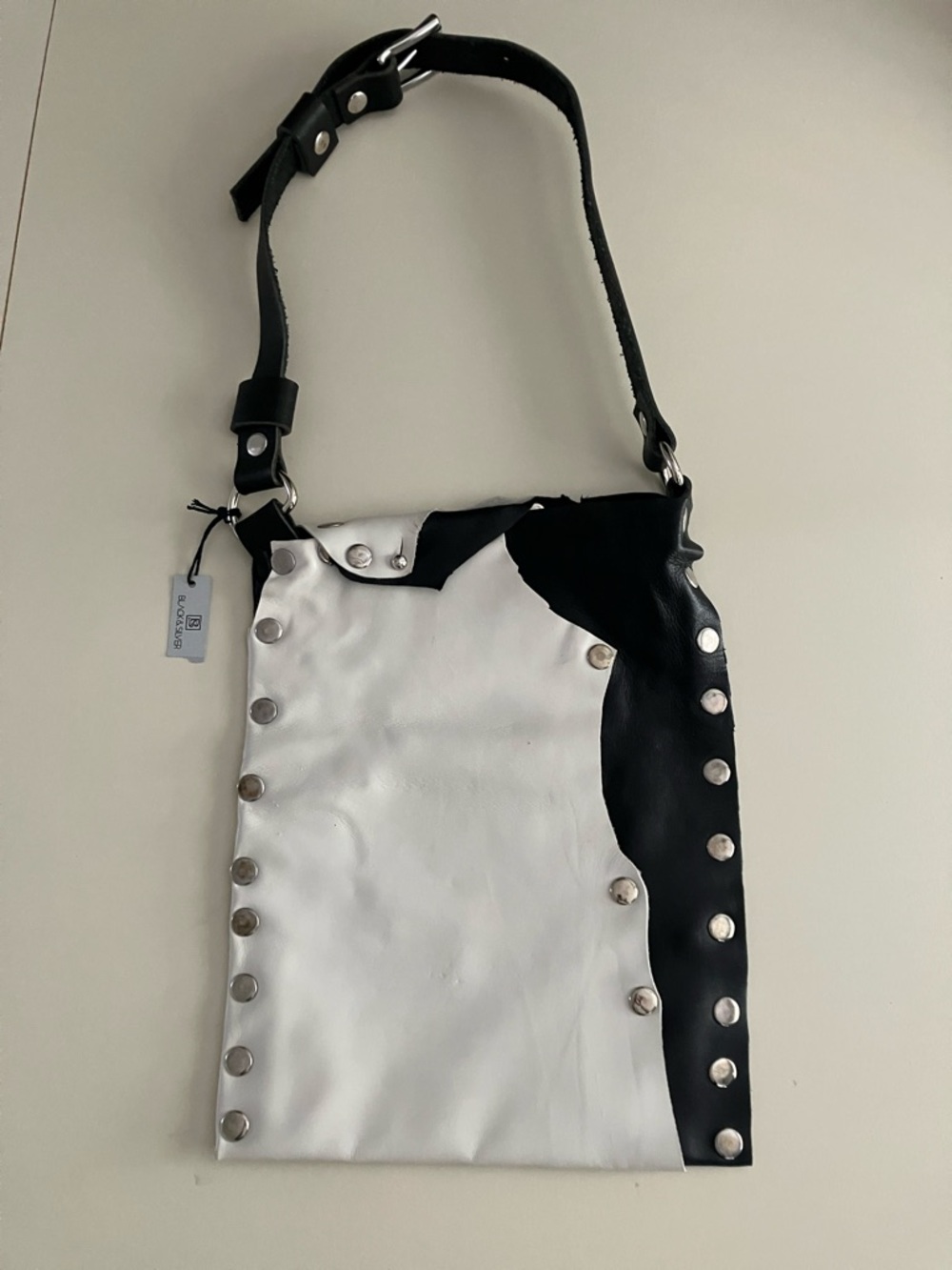 Two-Tone Black and White Studded Leather Shoulder Bag